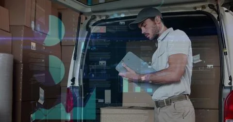 Image of statistics and financial data processing over delivery man and van Foto stock