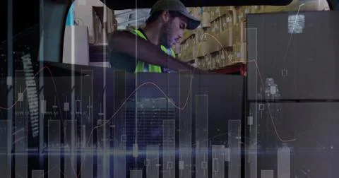 Image of statistics and financial data processing over delivery man and van Stock Photos
