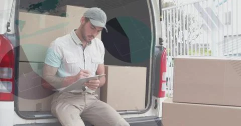 Image of statistics and financial data processing over delivery man and van Foto stock