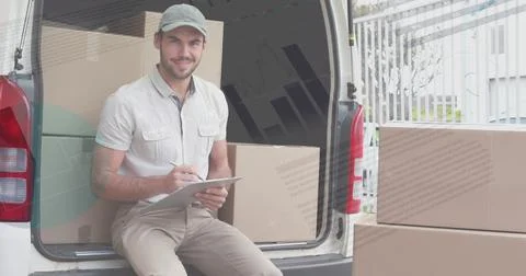 Image of statistics and financial data processing over delivery man and van Stock Photos