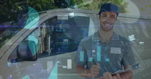 Image of statistics and financial data processing over delivery man and van Stock Photos