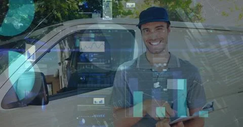 Image of statistics and financial data processing over delivery man and van Stock Photos