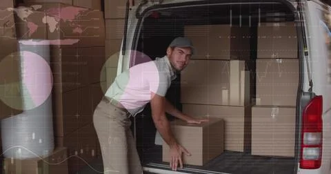 Image of statistics and financial data processing over delivery man and van Stock Photos