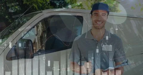 Image of statistics and financial data processing over delivery man and van Stock Photos