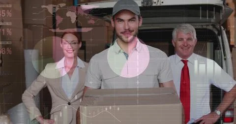 Image of statistics and financial data processing over delivery man and van Stock Photos