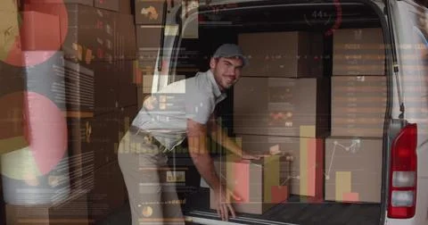 Image of statistics and financial data processing over delivery man and van Foto stock