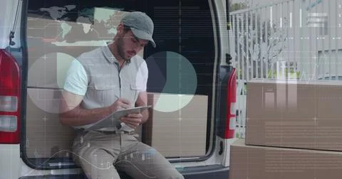 Image of statistics and financial data processing over delivery man and van Stock Photos