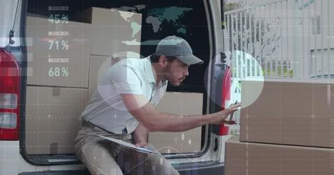 Image of statistics and financial data processing over delivery man and van Foto stock