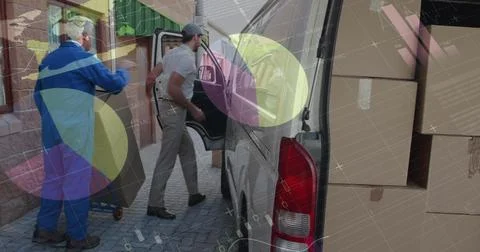 Image of statistics and financial data processing over delivery man and van Stock Photos