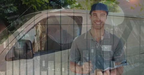 Image of statistics and financial data processing over delivery man and van Stock Photos