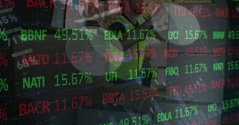Image of statistics and financial data processing over delivery man and van Stock Photos