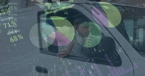 Image of statistics and financial data processing over delivery man and van Stock Photos