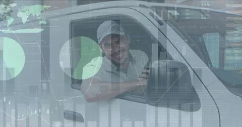 Image of statistics and financial data processing over delivery man and van Stock Photos