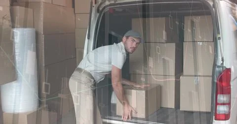 Image of statistics and financial data processing over delivery man and van Stock Photos