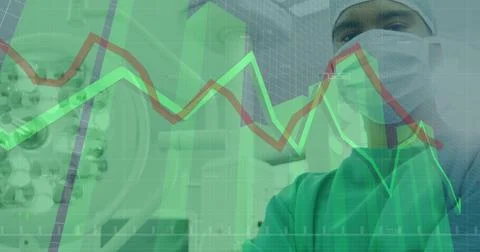 Image of statistics and financial data processing over delivery man 스톡 사진