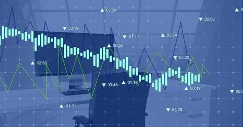 Image of statistics and financial data processing over desk in office Stock Photos