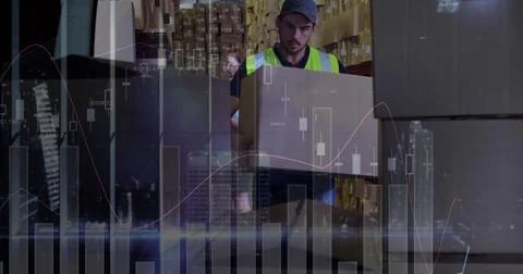 Image of statistics and financial data processing over delivery man and van 写真素材