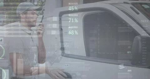 Image of statistics and financial data processing over delivery man and van Stock Photos