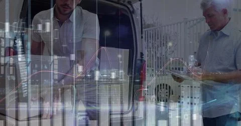 Image of statistics and financial data processing over delivery man and van Foto stock
