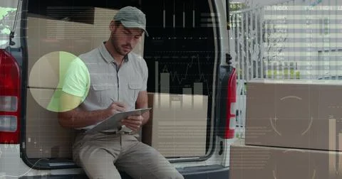 Image of statistics and financial data processing over delivery man and van Stock Photos