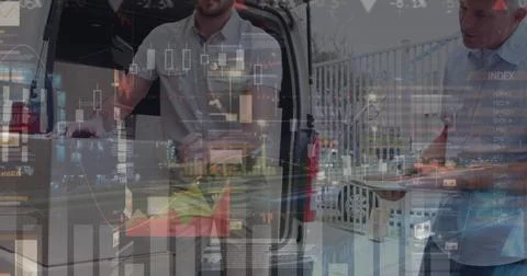 Image of statistics and financial data processing over delivery man and van 库存照片