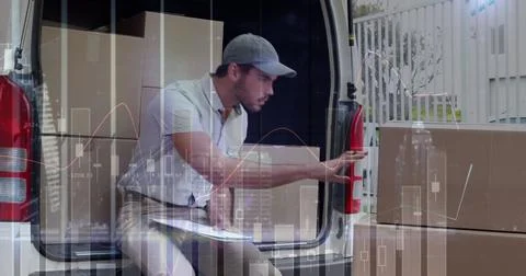 Image of statistics and financial data processing over delivery man and van Stock Photos