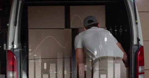 Image of statistics and financial data processing over delivery man and van Stock Photos