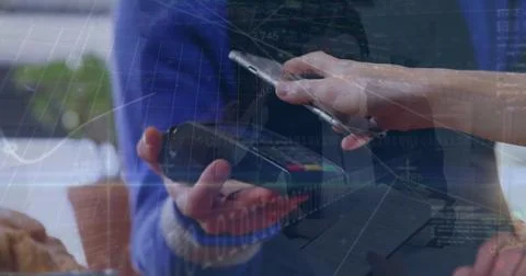 Image of statistics and financial data processing over man using smartphone Stock Photos
