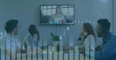 Image of statistics and financial data processing over business people at 写真素材