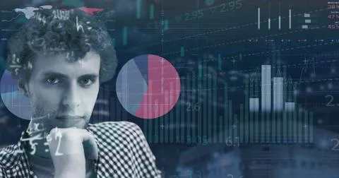 Image of statistics and financial data processing over caucasian man Stock Photos