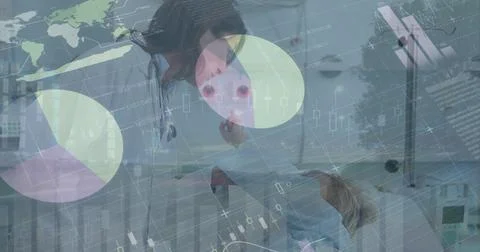Image of statistics and financial data processing over delivery man and van 写真素材