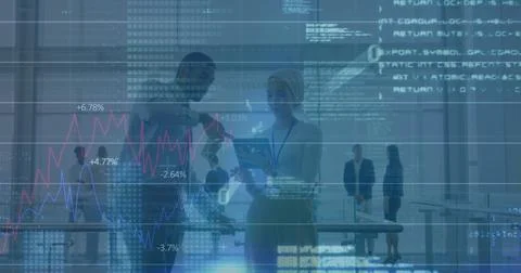 Image of statistics and financial data processing over diverse business people Stock Photos