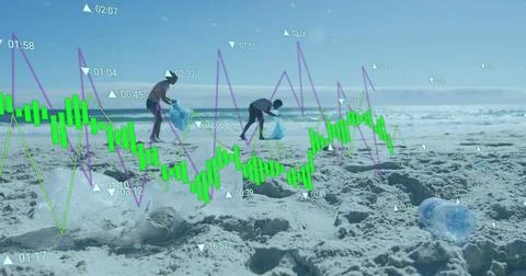 Image of statistics and financial data processing over volunteers cleaning beach Stock Photos