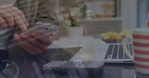 Image of statistics and financial data processing over caucasian man using Stock Photos