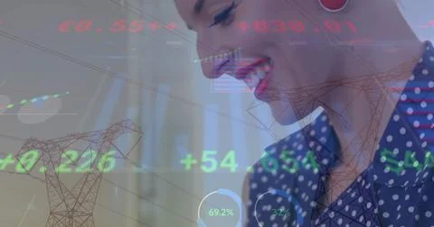 Image of statistics and financial data processing over caucasian woman using Foto stock