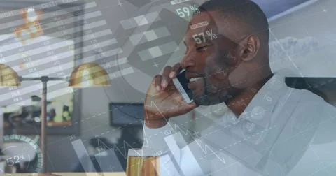 Image of statistics and financial data processing over african american man Stock Photos