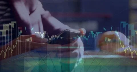 Image of statistics and financial data processing over caucasian man using Foto stock