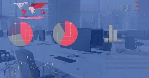 Image of statistics and financial data processing over modern office 스톡 사진