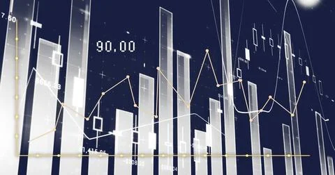 Image of statistics and financial data processing over dark background Foto stock