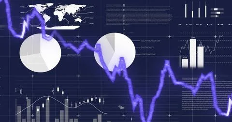 Image of statistics and financial data processing over dark background 写真素材