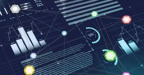 Image of statistics and financial data processing over dark background Stock Photos