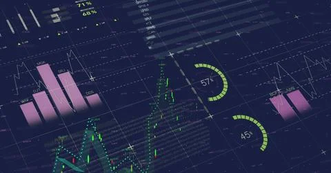 Image of statistics and financial data processing over dark background 写真素材