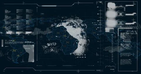Image of statistics and financial data processing over black background 스톡 사진