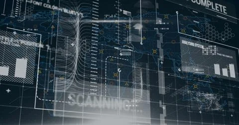 Image of statistics and financial data processing over black background 스톡 사진