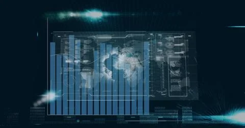 Image of statistics and financial data processing over black background 스톡 사진