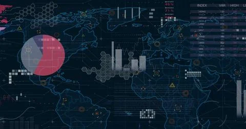 Image of statistics and financial data processing over black background 스톡 사진