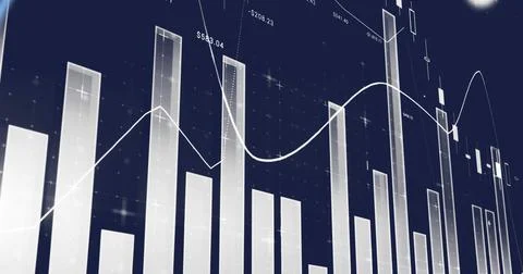 Image of statistics and financial data processing on dark background Foto stock