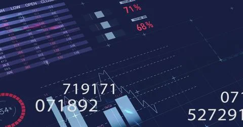 Image of statistics and financial data processing on dark background Foto stock