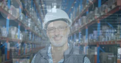 Image of statistics and financial data processing over man working in warehouse 스톡 사진