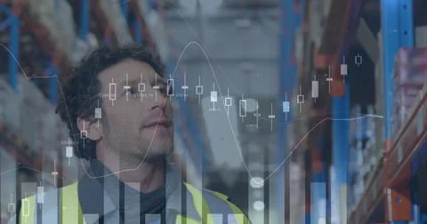 Image of statistics and financial data processing over man working in warehouse Foto stock